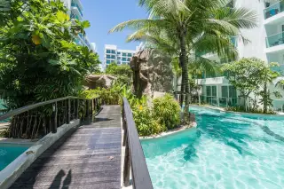 Amazon Residence wooden footbridge over a winding pool with tropical plants and a rock formation.