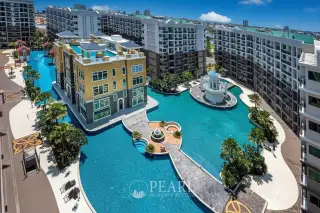 Arcadia Beach Continental: Aerial view of the large lagoon-style swimming pool with island buildings and surrounding condos.