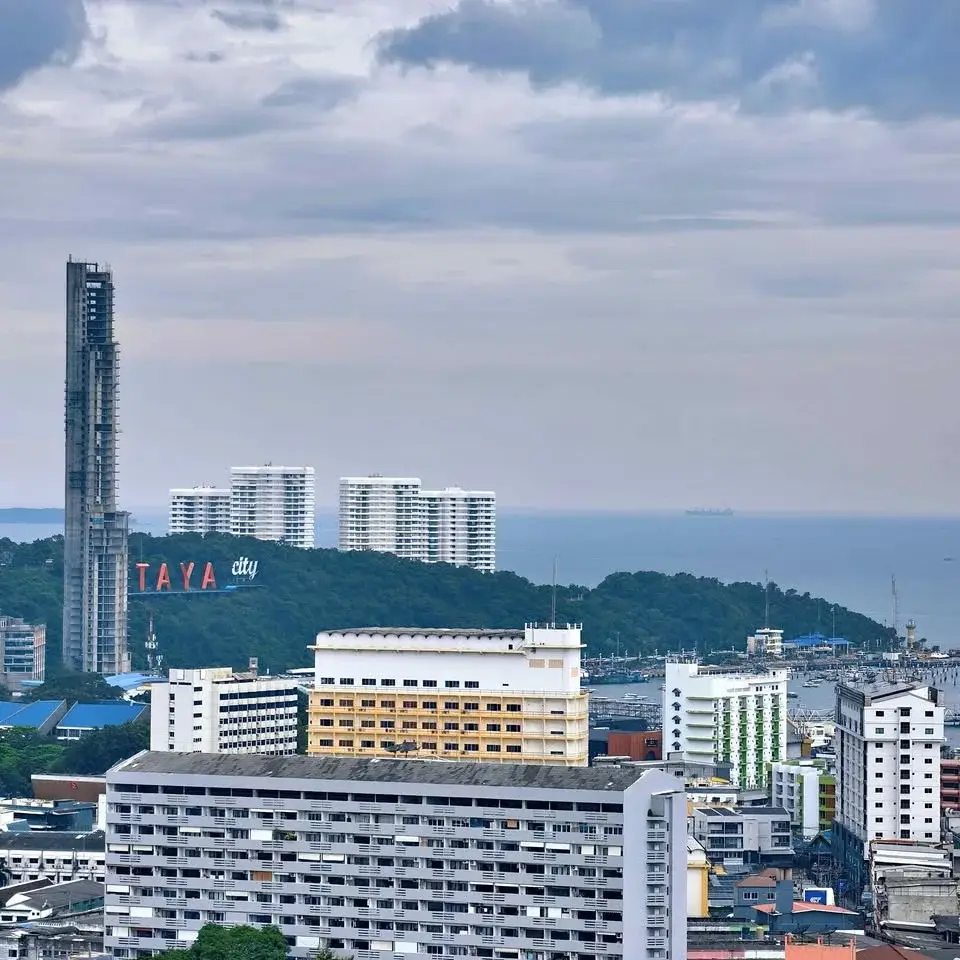 1 Bedroom Condo for Sale at Arcadia Millennium Tower aerial view of Pattaya skyline and coastline near Taya City towers