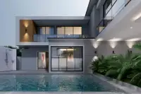 4 Bedroom House for Sale at Areeya Villa modern two-storey exterior with private pool and glass balcony at dusk