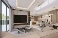 4 Bedroom House for Sale at Areeya Villa open-plan living room with built-in TV unit, high ceilings and pool views