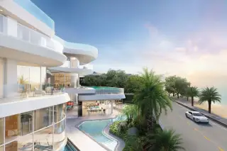 ASONGKHAI Modern house exterior with multiple levels, balconies, and a curved swimming pool next to a coastal road.