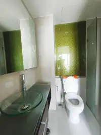 1 Bedroom Condo for Sale at Atlantis Condo Resort bathroom with glass vessel sink and green patterned wall