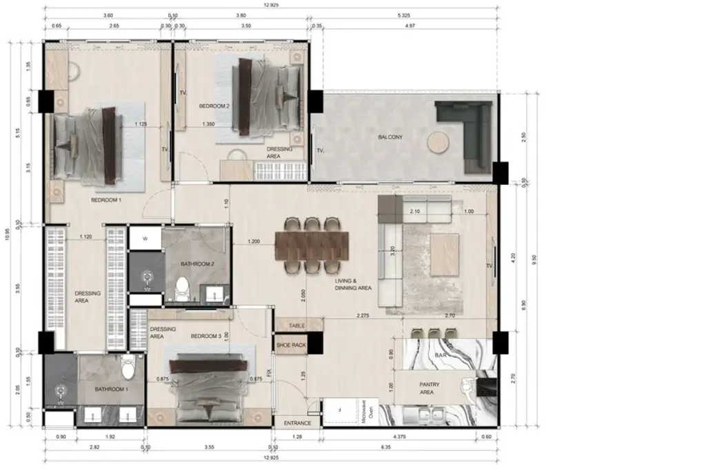 3 Bedroom Condo for Sale at Zensiri Estates and Residences open-plan living room and kitchen with marble island and wood TV wall unit