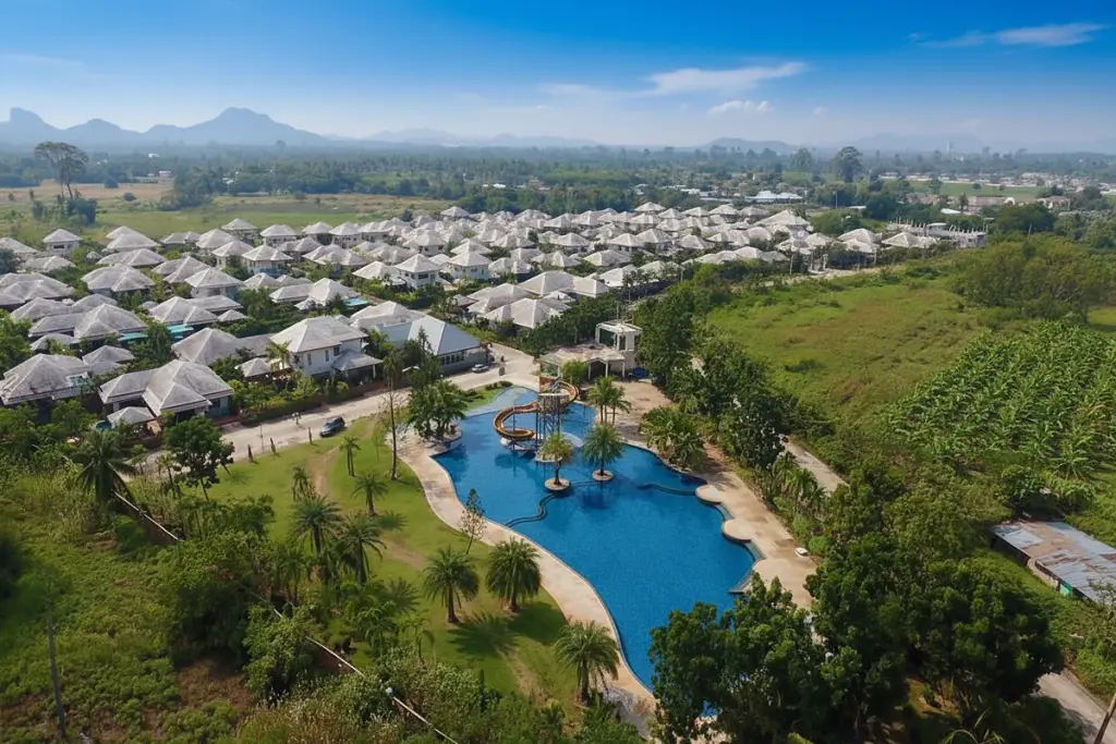 Baan Dusit Pattaya Park aerial view showing numerous houses, a large swimming pool with slides, and green landscape.