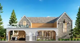 Baan Mae 10 - Baan Mae Bibury - Front exterior of a modern house with stone facade, gabled roof, and integrated carport.