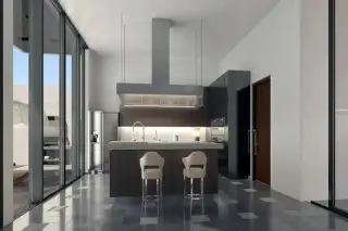 Bamboo Luxury Villa private outdoor space with a dark pool, waterfall feature, white umbrella, and glass doors.