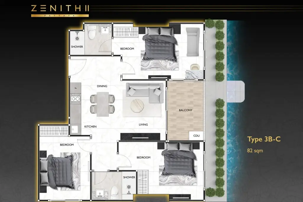 3 Bedroom Condo for Sale at Zenith 2 spacious living room with dark sectional sofa and pool view balcony
