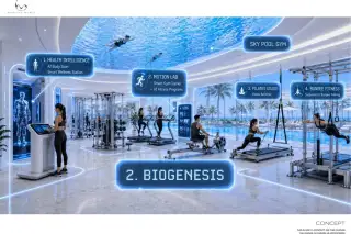 Embassy World Biogenesis sky pool gym with AI fitness stations, treadmills, pilates studio, and bungee training area