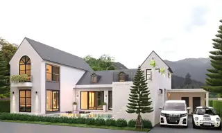 Castle Hill contemporary house with pool, two cars in driveway, and mountain backdrop.