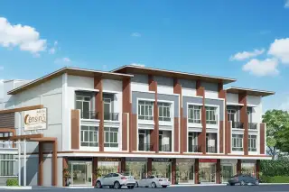 Censiri Town Siam Country Club modern 3-story townhouse commercial units with storefronts, cars parked outside.