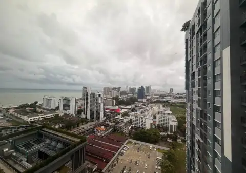 2 Bedroom Condo for Rent at Centric Sea high-rise balcony view of Pattaya cityscape and coastline