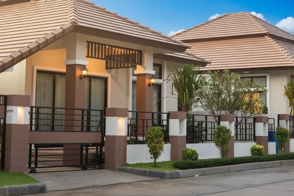 Classic Garden Home exterior view of two modern homes with brown tiled roofs, illuminated facades, and a decorative fence at dusk.