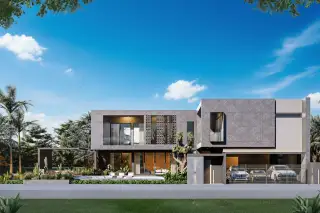 D Space Pattaya aerial view of multiple modern villas with private pools nestled in lush green landscape.