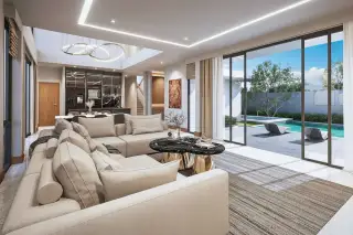 D Space Pattaya elegant living room and dining area with marble table, comfortable sofa, and decorative lighting.