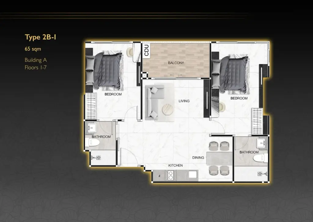 2 Bedroom Condo for Sale at Zenith Pattaya open-plan living area with marble floors and hallway to bedrooms