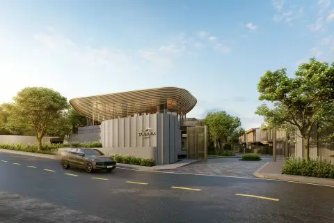 Solava Pattaya grand entrance gate with curved timber slatted canopy roof and branded signage at dusk