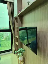1 Bedroom Condo for Rent at Dusit Grand Condo View wall-mounted TV with wooden shelving beside window view