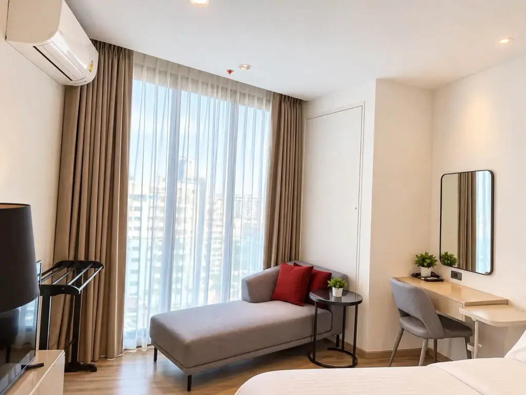1 Bedroom Condo for Rent at EDGE Central Pattaya bedroom with king bed, built-in wardrobe, and kitchenette view