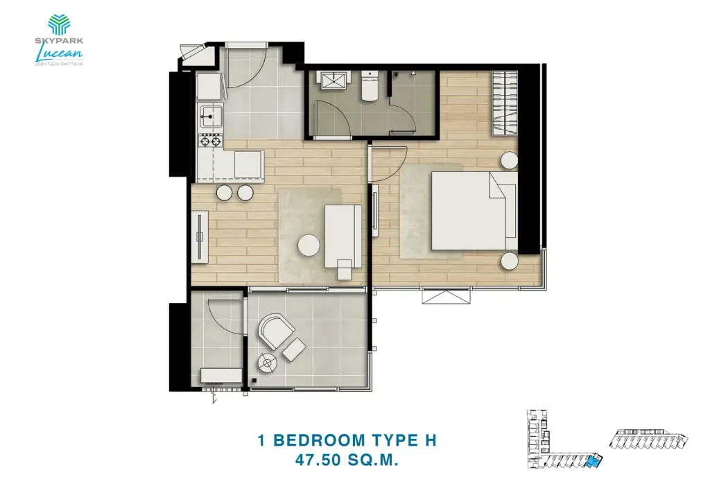 1 Bedroom Condo for Sale at SKYPARK Lucean Jomtien Pattaya, Pattaya, Thailand — 1-bedroom Condo — floor plan