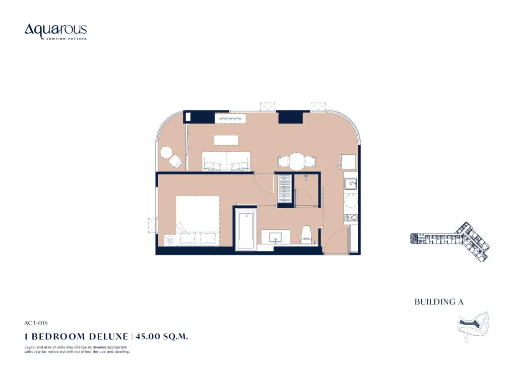 1 Bedroom Condo for Sale at Aquarous Jomtien Pattaya living room with cream sofa, sheer curtains and balcony view