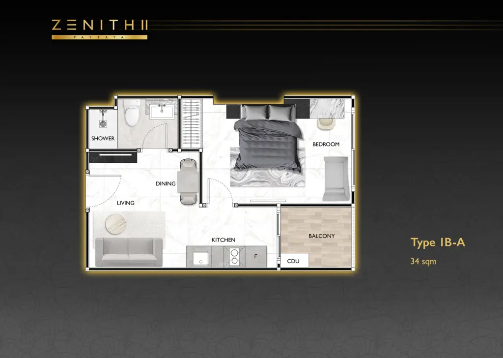 1 Bedroom Condo for Sale at Zenith 2 open-plan living room with dark sectional sofa and compact kitchenette