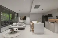 2 Bedroom Condo for Sale at Celine Wongamat bright open-plan living and kitchen area with floor-to-ceiling garden view windows