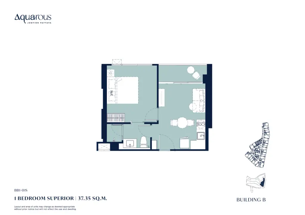 1 Bedroom Condo for Sale at Aquarous Jomtien Pattaya galley kitchen with marble countertop and living area view