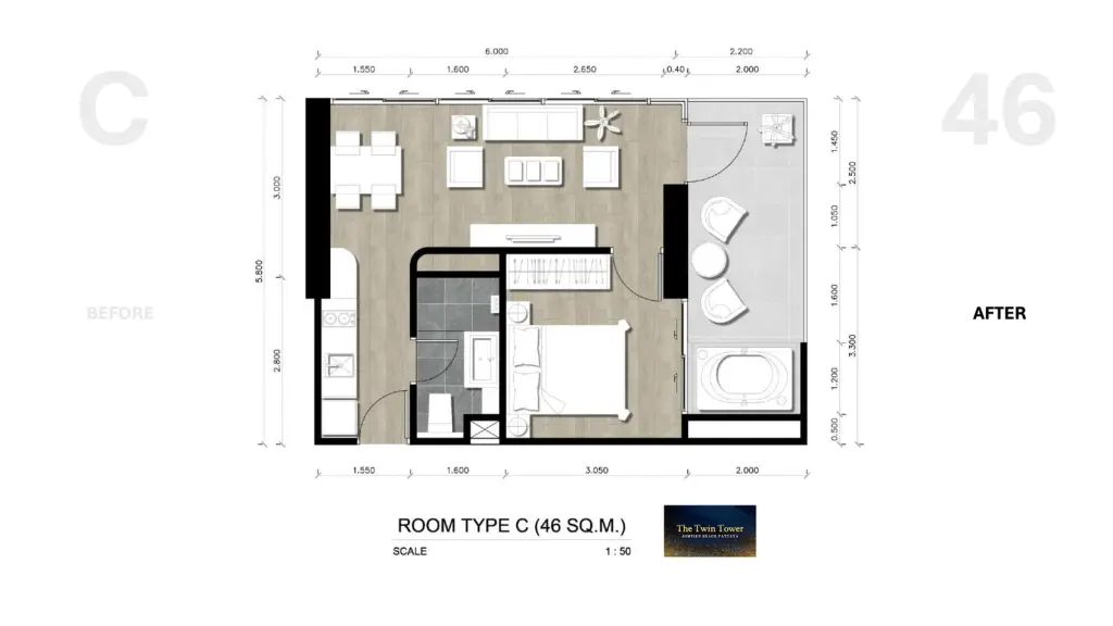 1 Bedroom Condo for Sale at The Twin Tower Jomtien Beach Pattaya open-plan living and dining area with floor-to-ceiling windows and sea view