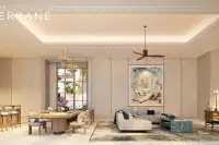 3 Bedroom House for Sale at Patta Terrane open-plan living and dining area with pendant lights, ceiling fan, marble coffee table and large artwork
