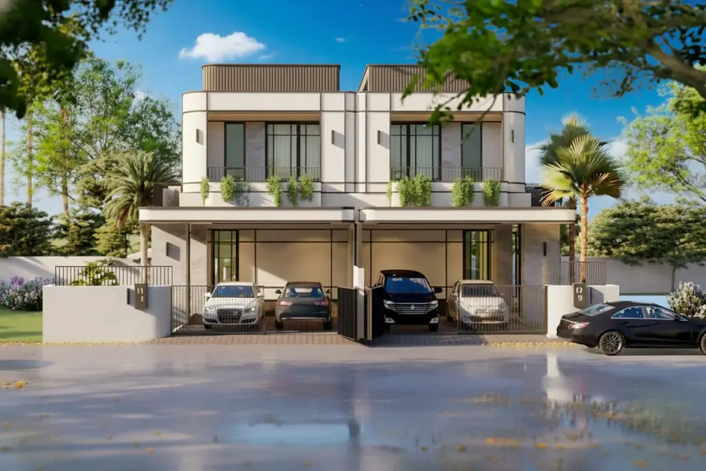 Glam Boonsampan 6 front exterior view of two modern townhouses with integrated carports and lush greenery.