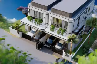 Glam Boonsampan 6 aerial view showing two modern townhouses with carports, balconies, and surrounding landscape.