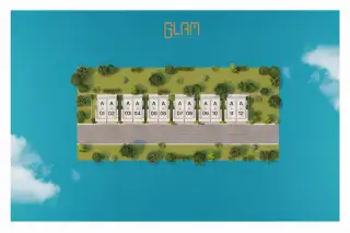 Glam Boonsampan 6 site plan showing a row of twelve townhouses with green spaces and a central road.