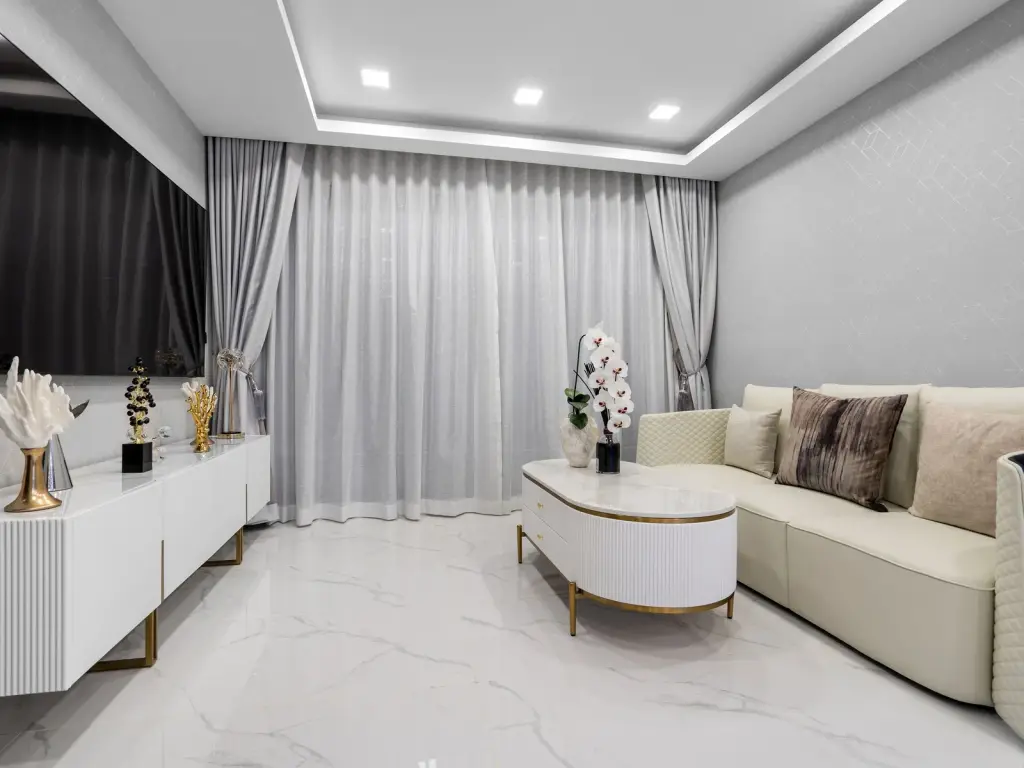 2 Bedroom Condo for Sale at Grand Solaire Noble bedroom with sea view window, marble floors and ensuite kitchen