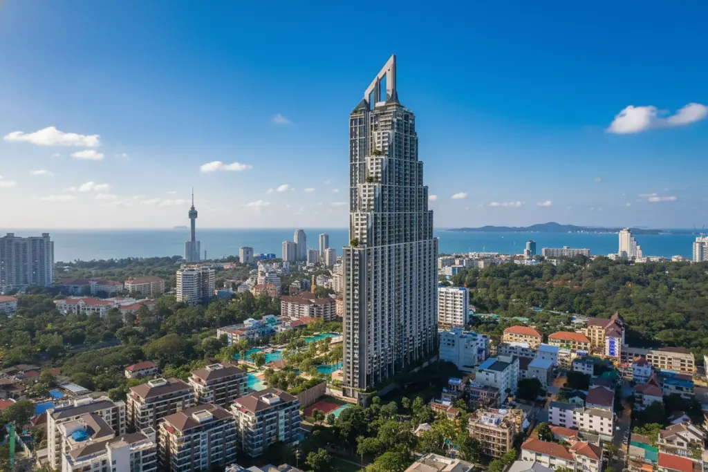 2 Bedroom Condo for Sale at Grand Solaire Pattaya aerial view of the skyscraper tower amid Pattaya cityscape and coastline