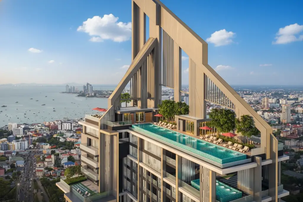 1 Bedroom Condo for Sale at Grand Solaire Pattaya aerial city skyline view with skyscraper towering over Pattaya bay