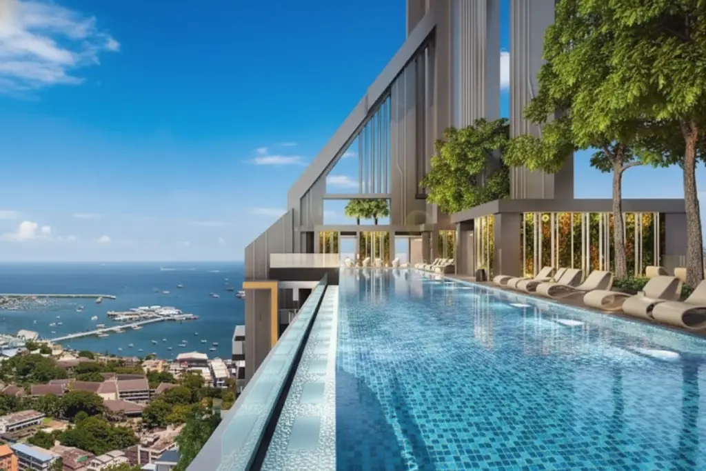 2 Bedroom Condo for Sale at Grand Solaire Pattaya aerial view of the skyscraper tower amid Pattaya cityscape and bay
