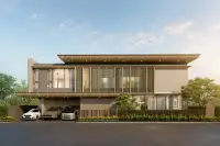4 Bedroom House for Sale at Solava Pattaya modern two-storey exterior facade with covered carport and landscaped front garden