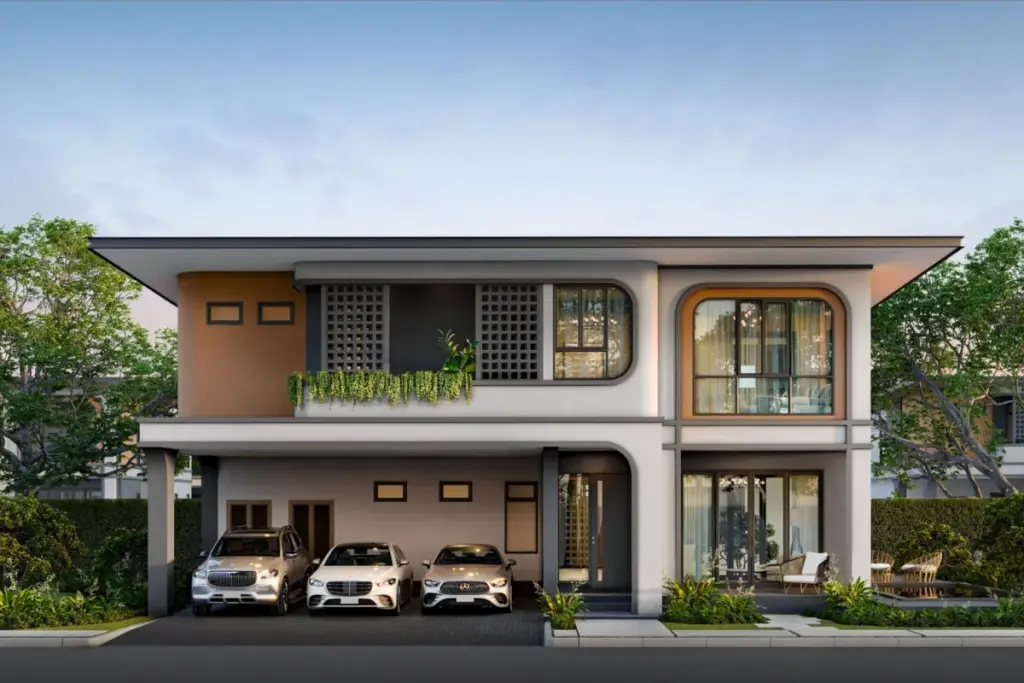3 Bedroom House for Sale at Spectra Residence modern two-storey exterior with carport for three cars and green balcony
