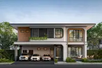 3 Bedroom House for Sale at Spectra Residence modern two-storey exterior with carport for three cars and green balcony