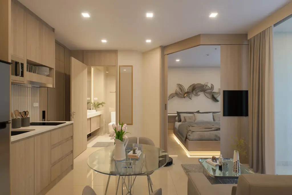 1 Bedroom Condo for Sale at Harmonia City Garden open-plan kitchen, dining area and bedroom with sliding doors