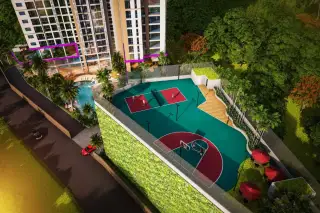 The Riviera Santa Monica aerial view of the outdoor basketball court and multi-sport area next to the building.