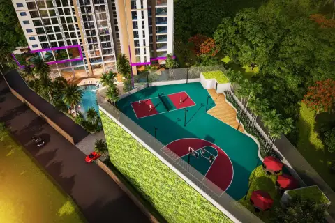 The Riviera Santa Monica aerial view of the outdoor basketball court and multi-sport area next to the building.