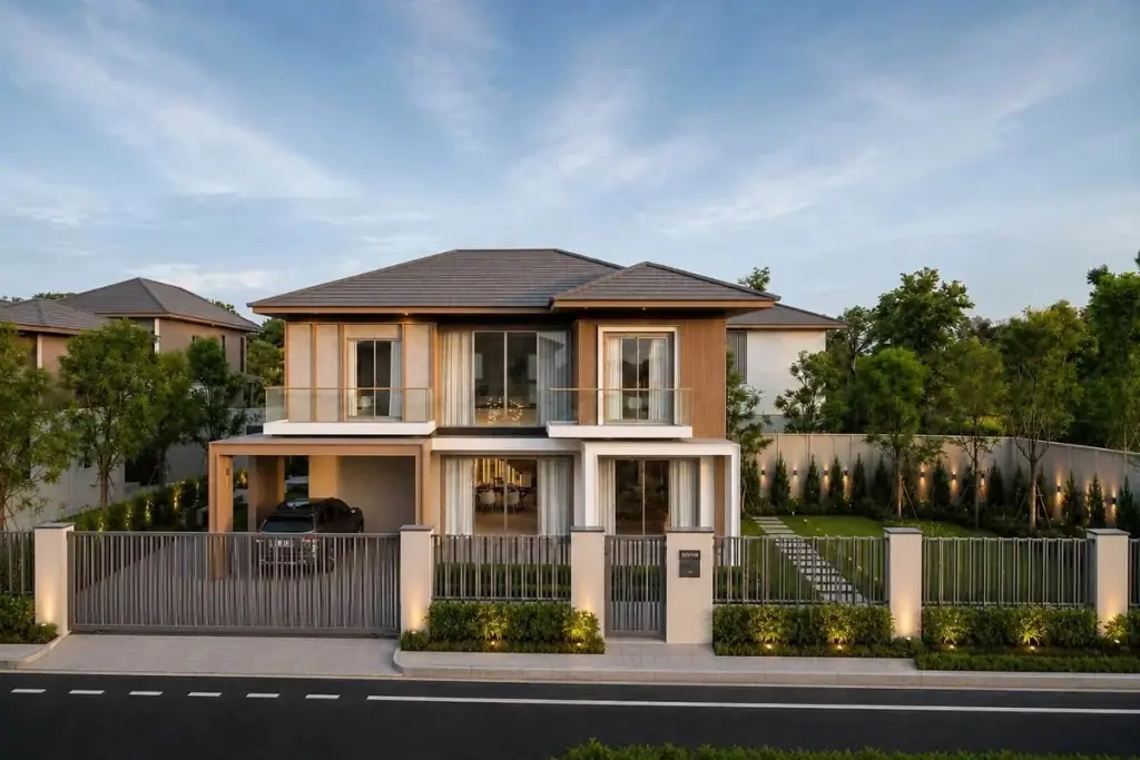 3 Bedroom House for Rent at Horizon By Patta modern two-storey exterior with gated driveway and landscaped garden at dusk
