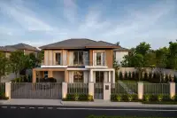 3 Bedroom House for Rent at Horizon By Patta modern two-storey exterior with gated driveway and landscaped garden at dusk