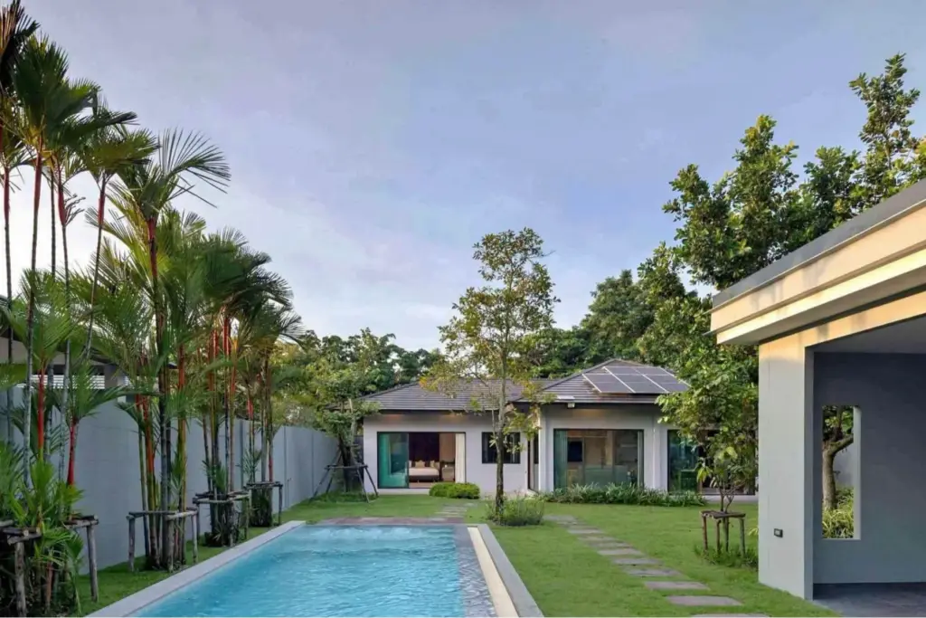 3 Bedroom House for Rent in Huai Yai single-story villa with private pool, solar panel roof, and tropical garden