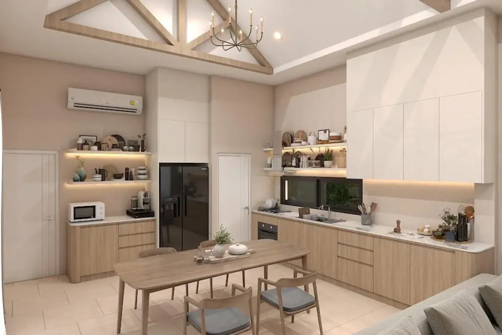 3 Bedroom House for Sale at Living 19 At Santisuk open-plan kitchen and dining area with wood cabinets and vaulted ceiling