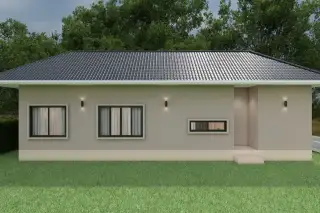 Living 19 At Santisuk rear exterior side wall with large windows, wall lights, and green lawn