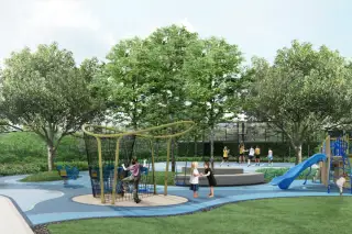 Patta Riverine outdoor children's playground with climbing frame, slide, and basketball court surrounded by trees