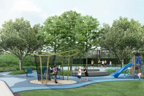 Patta Riverine outdoor children's playground with climbing frame, slide, and basketball court surrounded by trees